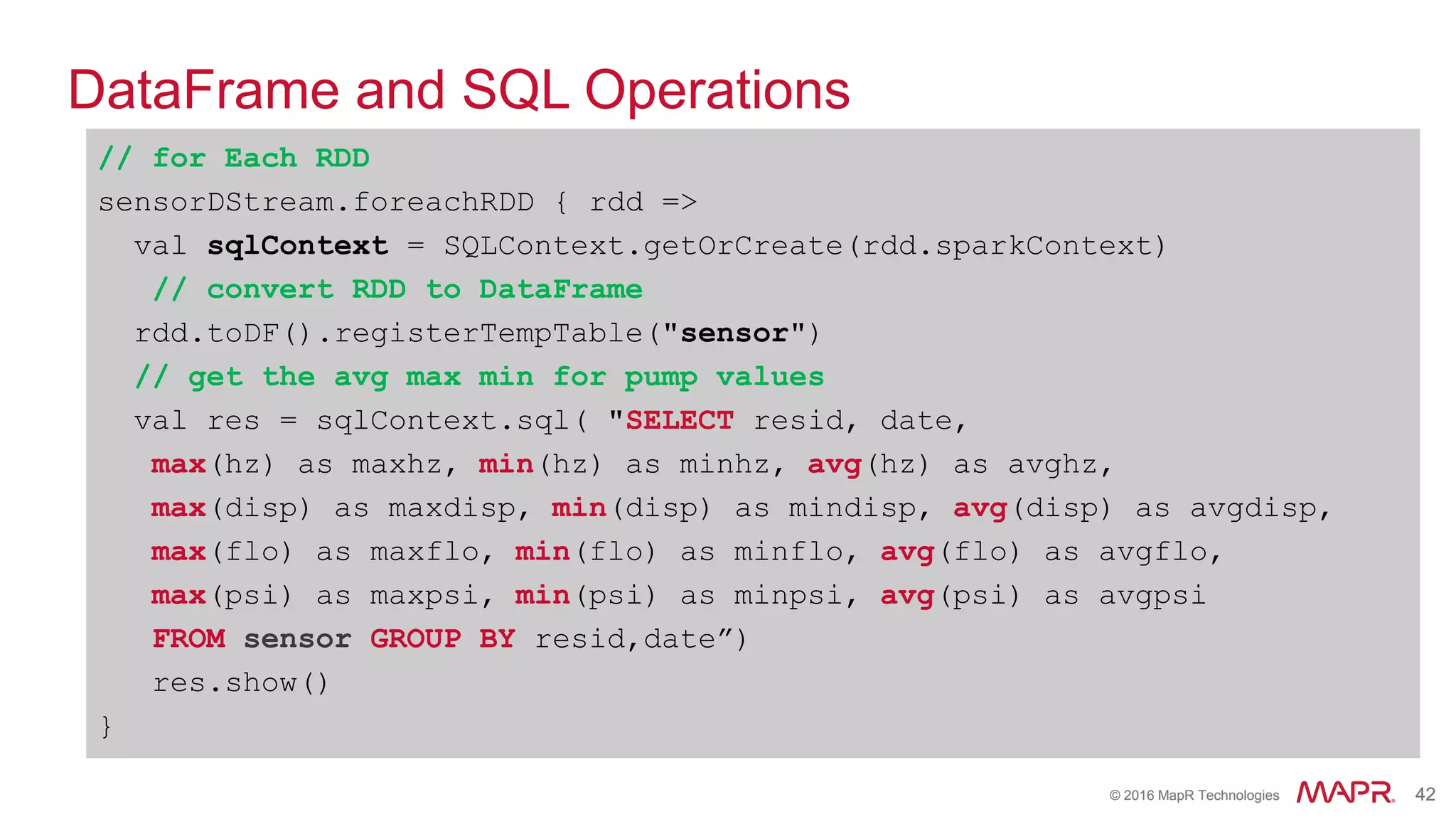 © 2016 MapR Technologies 42© 2016 MapR Technologies 42
DataFrame and SQL Operations
// for Each RDD
sensorDStream.foreachRDD { rdd =>
val sqlContext = SQLContext.getOrCreate(rdd.sparkContext)
// convert RDD to DataFrame
rdd.toDF().registerTempTable("sensor")
// get the avg max min for pump values
val res = sqlContext.sql( "SELECT resid, date,
max(hz) as maxhz, min(hz) as minhz, avg(hz) as avghz,
max(disp) as maxdisp, min(disp) as mindisp, avg(disp) as avgdisp,
max(flo) as maxflo, min(flo) as minflo, avg(flo) as avgflo,
max(psi) as maxpsi, min(psi) as minpsi, avg(psi) as avgpsi
FROM sensor GROUP BY resid,date”)
res.show()
}
 