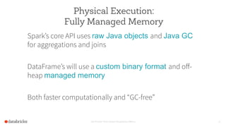 Physical Execution:
Fully Managed Memory
Spark’s core API uses raw Java objects and Java GC
for aggregations and joins
DataFrame’s will use a custom binary format and oﬀ-
heap managed memory
Both faster computationally and “GC-free”
Set Footer from Insert Dropdown Menu 26
 