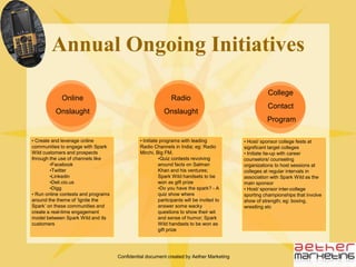 Confidential document created by Aether MarketingExpected ROIProposed strategy to enable Spark Wild to engage effectively with all relevant media across locationsMedia splash covering different segments will provide Spark Wildappropriate visibility required with TAThe primary launch outreach willcreate a favourable environmentfor Spark Wild to once again engagewith identified media for future launches