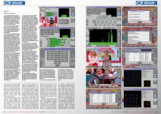 12
13
14
15
16
17
18
19
20
21
22
23
24
62 63TELE-audiovision International — The World‘s Leading Digital TV Industry Publication — 03-04/2015 — www.TELE-audiovision.com www.TELE-audiovision.com — 03-04/2015 — TELE-audiovision International — 全球发行量最大的数字电视杂志
23. As expected, the Spaun
Sparos 711 is capable of show-
ing a constellation diagram for
all modulations. We had previ-
ously fine-tuned our terrestrial
antenna with the help of this
meter, so the constellation dia-
gram shown here looks almost
perfect.
24. One of the quadrants of the
constellation is enlarged in
this screenshot. This allows an
even closer look at the details,
even though this is not neces-
sary at all. Thanks to the large
and high-resolution screen of
the Spaun Sparos 711 it’s hard
to miss a thing in any display
mode.
DVB-T
Measurement:
12. In measurement mode the
Spaun Sparos 711 presents all
relevant information simultane-
ously. Seen here are the results
for a DVB-T transponder. To
access more detailed data you
only need to tap on measure-
ment, live spectrum, live video
or service information.
13. If you tap on the upper left
section of the display, which
shows the measurements, a
new screen is launched with all
measurement results as well
as corresponding reception
parameters.
14. All those reception parame-
ters are presented with virtual
buttons. Simply tap on one of
the buttons to change any of
those details, including modu-
lation. The Spaun Sparos 711 is
wonderfully easy to use, since
all menu items always stay the
same, irrespective of the signal
that is being analysed. You can
switch from DVB-C to DVB-S
at any time without having to
leave measurement mode. This
may seem slightly weird at first,
but once you get used to this
process flow you don’t want to
change a thing about it.
15. The feature we liked best is
called Auto Lock. Using it lets
the meter identify all reception
parameters – fully automati-
cally and in record-breaking
time. It takes no more than 3
to 5 seconds until the signal
is correctly locked, even with
unconventional symbol rates.
This is an enormous help, par-
ticularly when it comes to ana-
lysing unknown transponders,
which is frequently required for
aligning satellite antennas to
more exotic orbital positions.
16. The spectrum display builds
up really quickly and offers
very high resolution. Seen here
is a yellow marker on a DVB-T
transponder with a frequency
of 754 Mhz. To the right you
can see an LTE signal, which
thankfully is spaced with
enough distance not to cause
interference.
17. If you tap on the quadrant
showing the live video this
screen section will be resized
to full-screen mode. Additional
options available in this mode
are volume adjustment, calling
up the service list or accessing
PID and NIT details. In addition,
this is where the ASI input can
be activated – this way the
stream to be analysed is no
longer the transport stream
provided by the built-in tuner,
but the transport stream that
is led into the ASI input. The
ASI output is active at any
time and gives out the active
transport stream. It should
be noted at this stage that the
currently selected channel can
be recorded onto an external
USB storage medium. A great
option if you want to have a
closer look at the MPEG stream
on your PC.
18. The volume can be adjus-
ted in full-screen mode. This
actually makes sense conside-
ring that it’s best to take care of
volume during playback rather
than hiding it in a separate
configuration menu.
19. A tap on the SERV button
calls up a list of all channels.
A lock symbol is inserted
next to encrypted channels.
What’s also convenient with the
Spaun Sparos 711: A dedicated
column indicates whether a
channel broadcasts in standard
definition or high definition.
20. The PID button opens a
table with all associated PIDs.
21. And a tap on the NIT button
lists all data from the network
information table. The amount
of data can be huge, which is
why a touchscreen device like
the Spaun Sparos 711 is par-
ticularly handy since it allows
easy scrolling.
22. It is possible to call up
the service list with channels
available on the transponder
directly from the main menu.
Simply tap on the quadrant in
the lower right corner of the
screen.
you’ll soon get used to gliding
your finger across the screen
until you reach the exact fre-
quency you’re looking for and
than tap to place your marker
right there. This works ab-
solutely perfectly and most
probably you’ll never look
back to older meters with
their rotary knobs.
As thorough testers we’re
always in for surprises, and
with the Spaun Sparos 711
it’s the spectrum mode that
has wowed us with an awe-
some feature: It can show
the live video of the ana-
lysed channel together with
the real-time spectrum. The
way this works is that the live
video is superimposed in a
slightly transparent way over
the spectrum display. With
all this information available
on a single screen usability
of this meter is taken to new
heights. Simply tap on a tran-
sponder and then use the NIT
TV button to call up all NIT
data while at the same time
watching the live video. No
need to enter any reception
parameters whatsoever. Inci-
dentally, if you would like an-
other channel superimposed
over the spectrum display all
you need to do is head back
to the main menu, select the
desired channel and call up
spectrum mode again. If you
then press the NIT TV but-
ton you will be able to see the
channel you have previously
selected in the main menu.
Certain tasks may be facili-
tated by such a procedure, so
it’s reassuring to know that
there’s an easy way to ac-
complish it.
It goes without saying that
the Spaun Sparos 711 sup-
ports constellation diagram
measurements in all operat-
ing modes. This is of particu-
lar importance in the realm of
DVB-C, as it can help enor-
mously in identifying causes
for inferior reception quality.
As expected, quadrants can
be enlarged and the constel-
lation diagram reacts swiftly
and comes with high reso-
lution. Its colour palette is
more than sufficient, a detail
that might appear minor but
which can eventually make or
break the user flow and effi-
ciency of a constellation dia-
gram. All digital modulations
are supported, including DVB-
T2 with shifted constellation.
Many countries have im-
plemented digital terrestrial
television using so-called
single-frequency technology
networks (SFN). This means
 