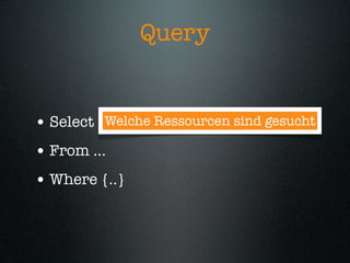 Query


• Select ...
           Welche Ressourcen sind gesucht

• From ...
• Where {..}
 