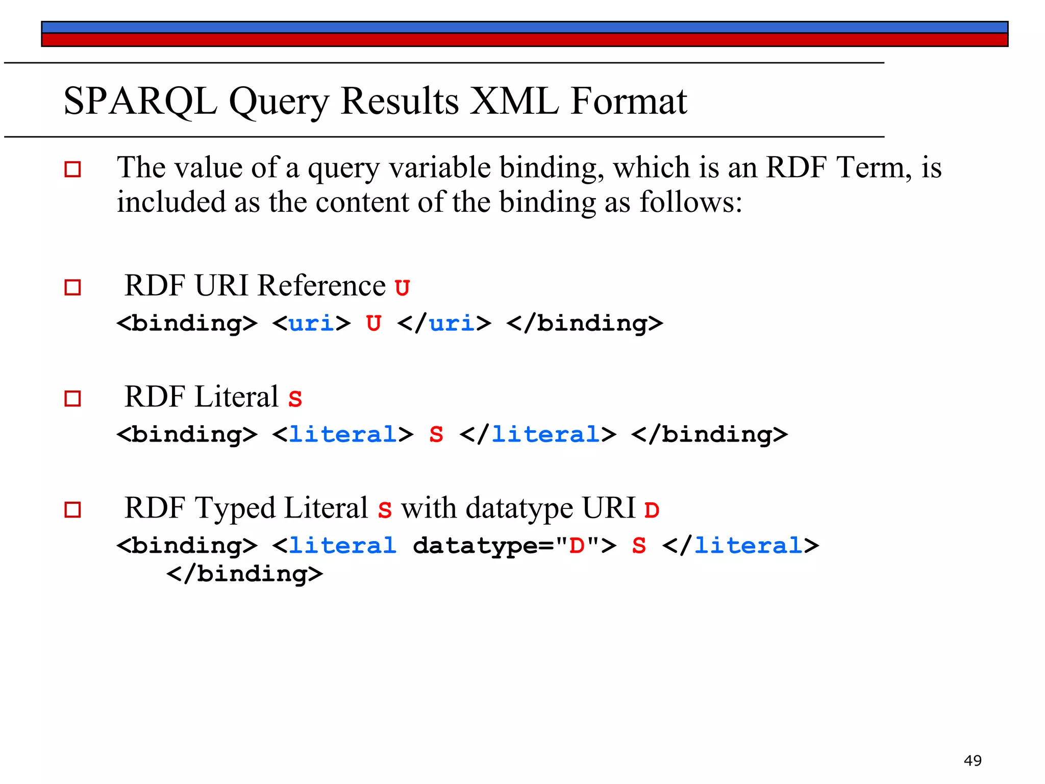 SPARQL Query Results XML Format




The value of a query variable binding, which is an RDF Term, is
included as the content of the binding as follows:
RDF URI Reference U
<binding> <uri> U </uri> </binding>



RDF Literal S
<binding> <literal> S </literal> </binding>



RDF Typed Literal S with datatype URI D
<binding> <literal datatype="D"> S </literal>
</binding>

49

 
