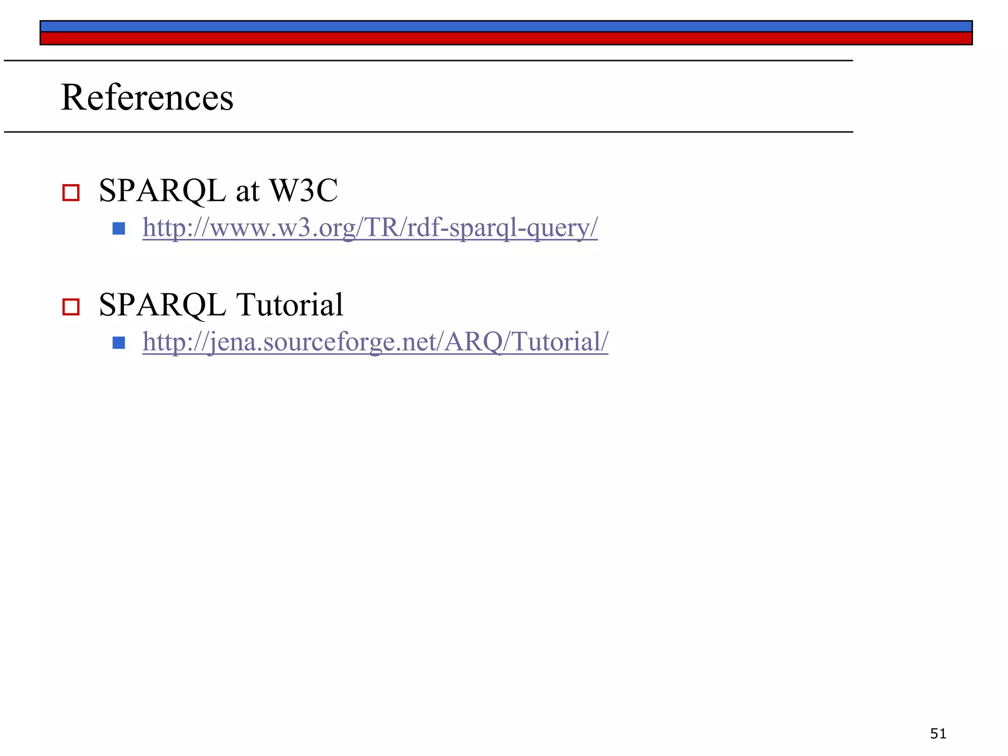 References


SPARQL at W3C




http://www.w3.org/TR/rdf-sparql-query/

SPARQL Tutorial


http://jena.sourceforge.net/ARQ/Tutorial/

51

 