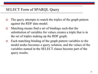 SELECT Form of SPARQL Query






The query attempts to match the triples of the graph pattern
against the RDF data model.
Matching means find a set of bindings such that the
substitution of variables for values creates a triple that is in
the set of triples making up the RDF graph.
Each matching binding of the graph pattern variables to the
model nodes becomes a query solution, and the values of the
variables named in the SELECT clause become part of the
query results.

10

 