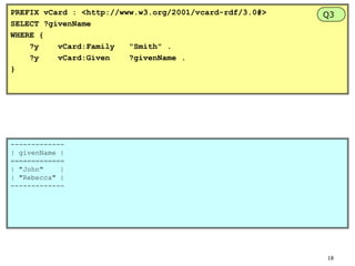 PREFIX vCard : <http://www.w3.org/2001/vcard-rdf/3.0#>
SELECT ?givenName
WHERE {
?y
vCard:Family
"Smith" .
?y
vCard:Given
?givenName .
}

Q3

------------| givenName |
=============
| "John"
|
| "Rebecca" |
-------------

18

 