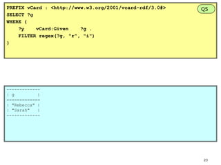 PREFIX vCard : <http://www.w3.org/2001/vcard-rdf/3.0#>
SELECT ?g
WHERE {
?y
vCard:Given
?g .
FILTER regex(?g, "r", "i")
}

Q5

------------| g
|
=============
| "Rebecca" |
| "Sarah"
|
-------------

23

 