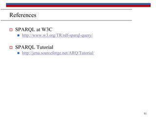 References


SPARQL at W3C




http://www.w3.org/TR/rdf-sparql-query/

SPARQL Tutorial


http://jena.sourceforge.net/ARQ/Tutorial/

51

 