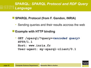 SPARQL: SPARQL Protocol and RDF Query
Language
 SPARQL

Protocol (from F. Gandon, INRIA)

• Sending queries and their res...