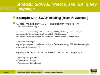 SPARQL: SPARQL Protocol and RDF Query
Language
 Example


with SOAP binding (from F. Gandon)

<?xml version="1.0" encodi...