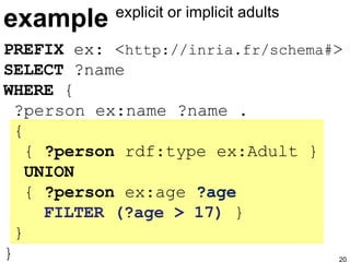 example explicit or implicit adults  PREFIX  ex: < http://inria.fr/schema# > SELECT  ?name WHERE  {  ?person ex:name ?name . {   {  ?person  rdf:type ex:Adult   }   UNION   {  ?person  ex:age  ?age    FILTER (?age > 17)  }  } }  