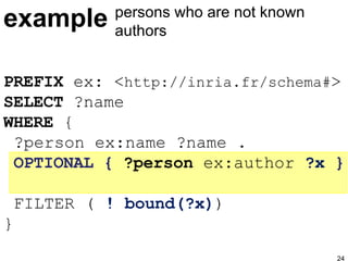 example persons who are not known authors PREFIX  ex: < http://inria.fr/schema# > SELECT  ?name WHERE  {  ?person ex:name ?name . OPTIONAL {  ?person  ex:author  ?x  }   FILTER (  ! bound(?x) ) }  
