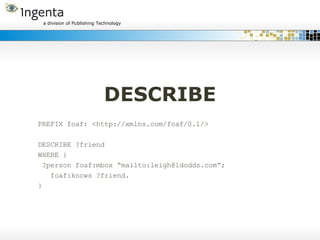 DESCRIBE PREFIX foaf: <http://xmlns.com/foaf/0.1/> DESCRIBE ?friend  WHERE { ?person foaf:mbox “mailto:leigh@ldodds.com”; foaf:knows ?friend. } 