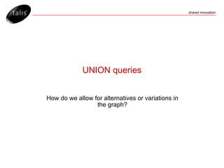UNION queries <ul><ul><li>How do we allow for alternatives or variations in the graph? </li></ul></ul>