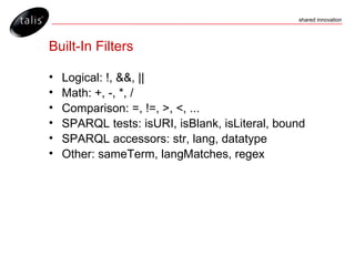 Built-In Filters <ul><li>Logical: !, &&, || </li></ul><ul><li>Math: +, -, *, / </li></ul><ul><li>Comparison: =, !=, >, <, ...