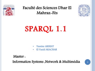 1
Faculté des Sciences Dhar El
Mahraz-Fès
SPARQL 1.1
• Yassine AKHIAT
• El Yazid AKACHAR
Master :
Information Systems ,Network & Multimédia
 