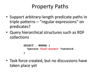 Property PathsSupport arbitrary-length predicate paths in triple patterns – “regular expressions” on predicates?Query hierarchical structures such as RDF collectionsIssues around:Duplicates and cycles in pathsNegated path segmentsSELECT … WHERE {   ?person foaf:knows+ ?network .}