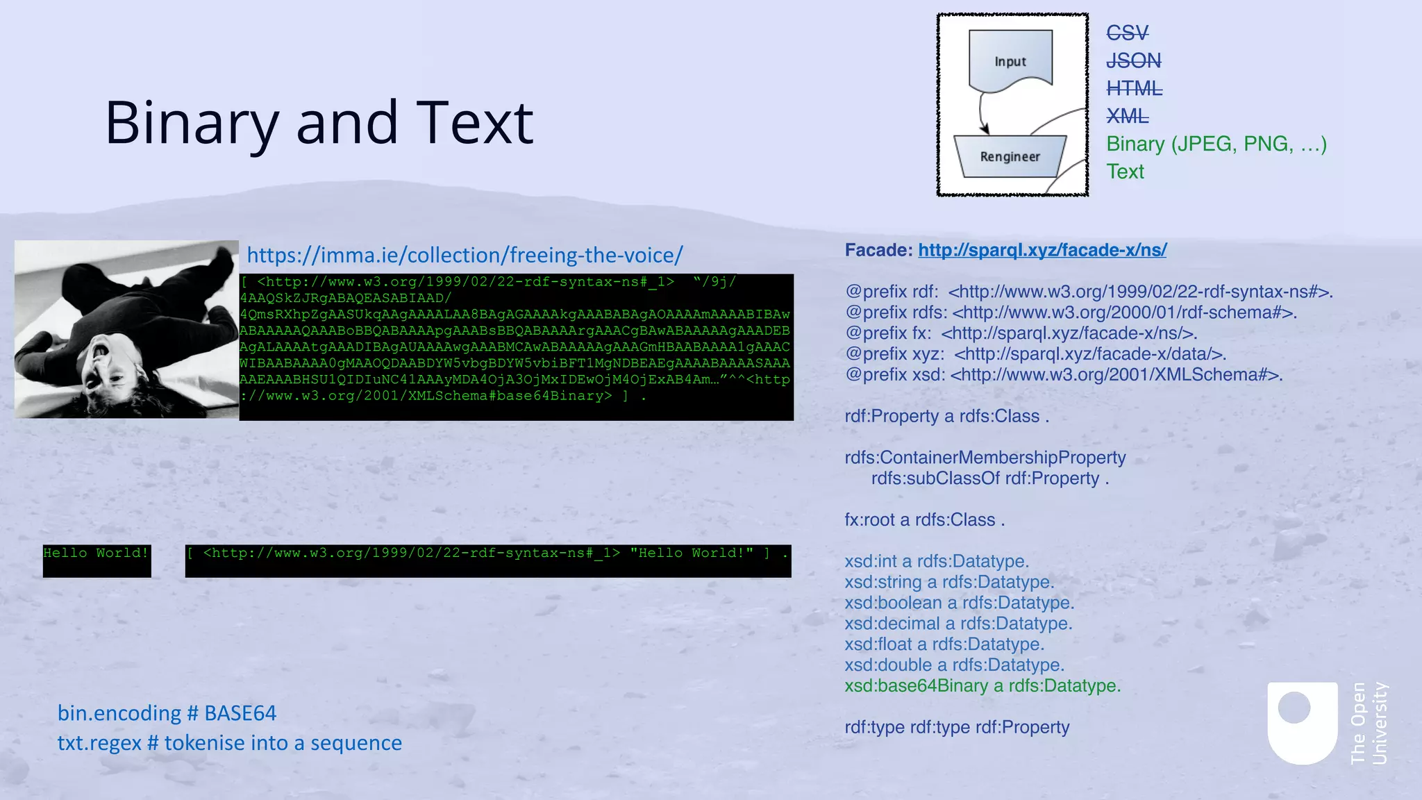 Binary and Text
Facade: http://sparql.xyz/facade-x/ns/
@prefix rdf: <http://www.w3.org/1999/02/22-rdf-syntax-ns#>.
@prefix rdfs: <http://www.w3.org/2000/01/rdf-schema#>.
@prefix fx: <http://sparql.xyz/facade-x/ns/>.
@prefix xyz: <http://sparql.xyz/facade-x/data/>.
@prefix xsd: <http://www.w3.org/2001/XMLSchema#>.
rdf:Property a rdfs:Class .
rdfs:ContainerMembershipProperty
rdfs:subClassOf rdf:Property .
fx:root a rdfs:Class .
xsd:int a rdfs:Datatype.
xsd:string a rdfs:Datatype.
xsd:boolean a rdfs:Datatype.
xsd:decimal a rdfs:Datatype.
xsd:float a rdfs:Datatype.
xsd:double a rdfs:Datatype.
xsd:base64Binary a rdfs:Datatype.
rdf:type rdf:type rdf:Property
[ <http://www.w3.org/1999/02/22-rdf-syntax-ns#_1> “/9j/
4AAQSkZJRgABAQEASABIAAD/
4QmsRXhpZgAASUkqAAgAAAALAA8BAgAGAAAAkgAAABABAgAOAAAAmAAAABIBAw
ABAAAAAQAAABoBBQABAAAApgAAABsBBQABAAAArgAAACgBAwABAAAAAgAAADEB
AgALAAAAtgAAADIBAgAUAAAAwgAAABMCAwABAAAAAgAAAGmHBAABAAAA1gAAAC
WIBAABAAAA0gMAAOQDAABDYW5vbgBDYW5vbiBFT1MgNDBEAEgAAAABAAAASAAA
AAEAAABHSU1QIDIuNC41AAAyMDA4OjA3OjMxIDEwOjM4OjExAB4Am…”^^<http
://www.w3.org/2001/XMLSchema#base64Binary> ] .
bin.encoding # BASE64
txt.regex # tokenise into a sequence
CSV
JSON
HTML
XML
Binary (JPEG, PNG, …)
Text
https://imma.ie/collection/freeing-the-voice/
Hello World! [ <http://www.w3.org/1999/02/22-rdf-syntax-ns#_1> "Hello World!" ] .
 