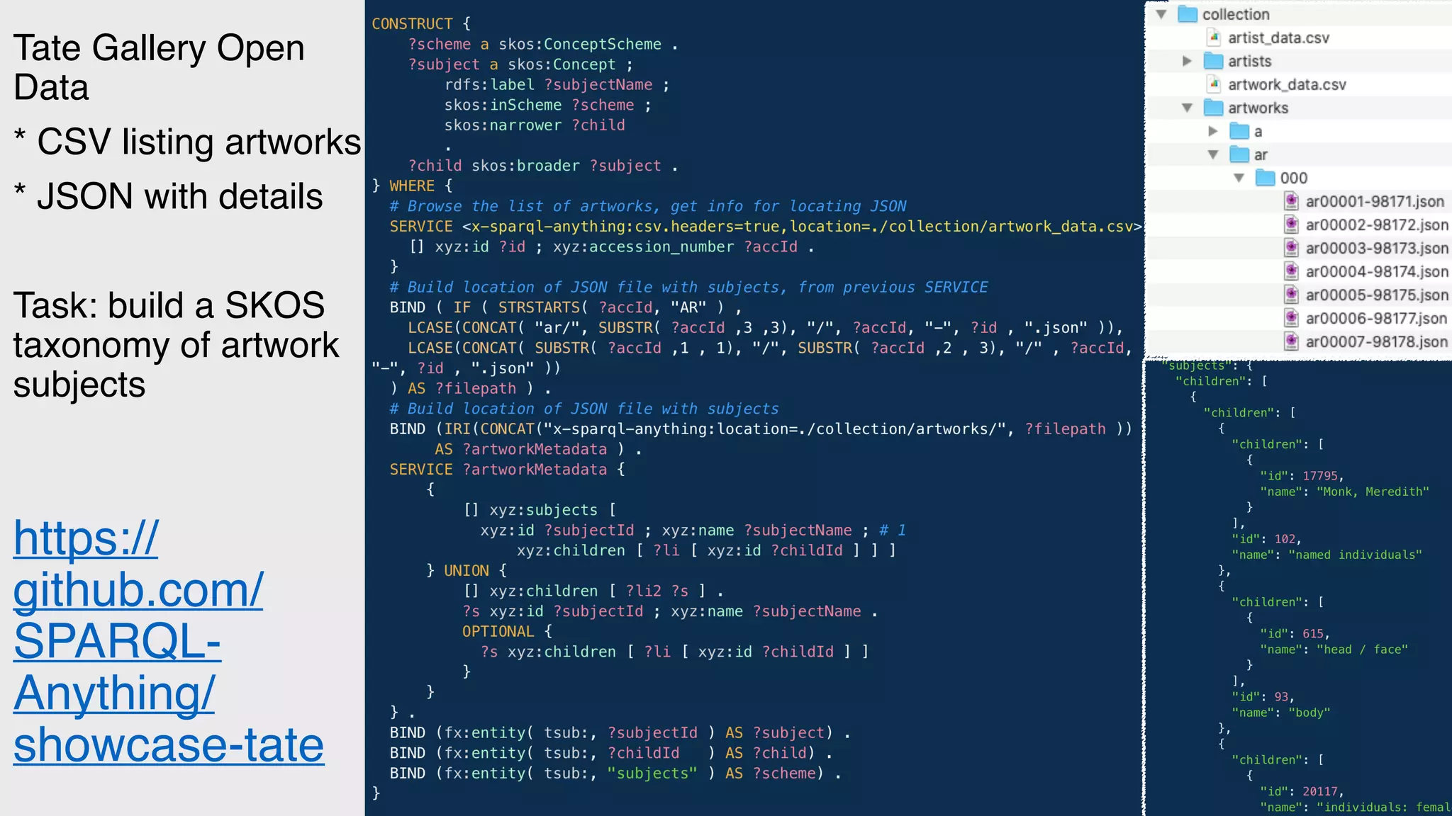 https://
github.com/
SPARQL-
Anything/
showcase-tate
Tate Gallery Open
Data
* CSV listing artworks
* JSON with details
Task: build a SKOS
taxonomy of artwork
subjects
@enridaga
 