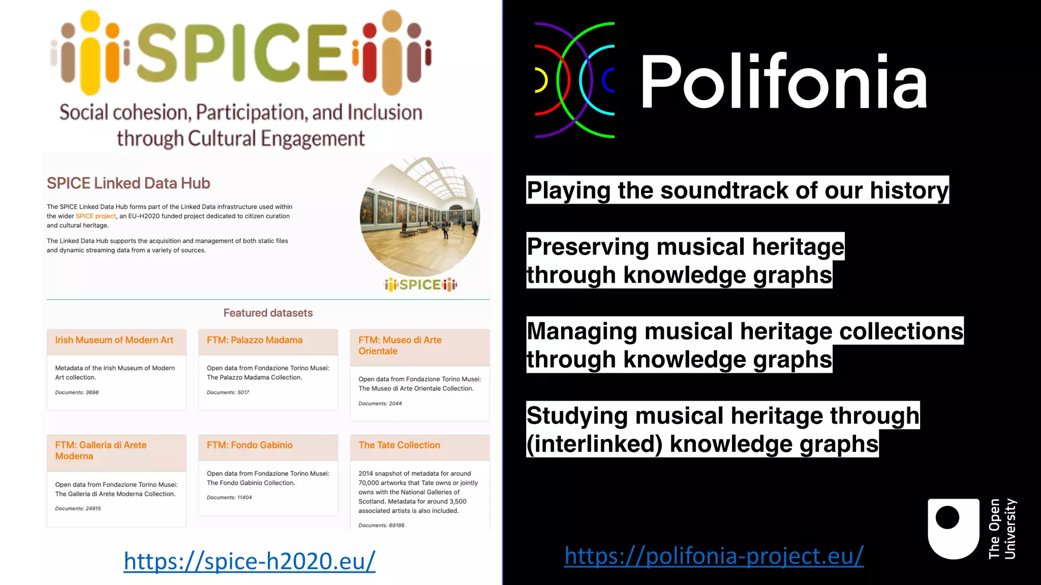 Playing the soundtrack of our history
Preserving musical heritage 
through knowledge graphs
Managing musical heritage collections 
through knowledge graphs
Studying musical heritage through 
(interlinked) knowledge graphs
https://spice-h2020.eu/ https://polifonia-project.eu/
 