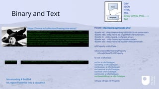 Binary and Text
Facade: http://sparql.xyz/facade-x/ns/
@prefix rdf: <http://www.w3.org/1999/02/22-rdf-syntax-ns#>.
@prefix rdfs: <http://www.w3.org/2000/01/rdf-schema#>.
@prefix fx: <http://sparql.xyz/facade-x/ns/>.
@prefix xyz: <http://sparql.xyz/facade-x/data/>.
@prefix xsd: <http://www.w3.org/2001/XMLSchema#>.
rdf:Property a rdfs:Class .
rdfs:ContainerMembershipProperty
rdfs:subClassOf rdf:Property .
fx:root a rdfs:Class .
xsd:int a rdfs:Datatype.
xsd:string a rdfs:Datatype.
xsd:boolean a rdfs:Datatype.
xsd:decimal a rdfs:Datatype.
xsd:float a rdfs:Datatype.
xsd:double a rdfs:Datatype.
xsd:base64Binary a rdfs:Datatype.
rdf:type rdf:type rdf:Property
[ <http://www.w3.org/1999/02/22-rdf-syntax-ns#_1> “/9j/
4AAQSkZJRgABAQEASABIAAD/
4QmsRXhpZgAASUkqAAgAAAALAA8BAgAGAAAAkgAAABABAgAOAAAAmAAAABIBAw
ABAAAAAQAAABoBBQABAAAApgAAABsBBQABAAAArgAAACgBAwABAAAAAgAAADEB
AgALAAAAtgAAADIBAgAUAAAAwgAAABMCAwABAAAAAgAAAGmHBAABAAAA1gAAAC
WIBAABAAAA0gMAAOQDAABDYW5vbgBDYW5vbiBFT1MgNDBEAEgAAAABAAAASAAA
AAEAAABHSU1QIDIuNC41AAAyMDA4OjA3OjMxIDEwOjM4OjExAB4Am…”^^<http
://www.w3.org/2001/XMLSchema#base64Binary> ] .
bin.encoding # BASE64
txt.regex # tokenise into a sequence
CSV
JSON
HTML
XML
Binary (JPEG, PNG, …)
Text
https://imma.ie/collection/freeing-the-voice/
Hello World! [ <http://www.w3.org/1999/02/22-rdf-syntax-ns#_1> "Hello World!" ] .
 