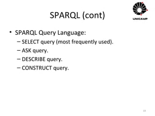 SPARQL (cont)
• SPARQL Query Language:
– SELECT query (most frequently used).
– ASK query.
– DESCRIBE query.
– CONSTRUCT query.
19
 