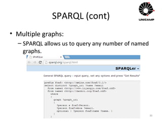 SPARQL (cont)
• Multiple graphs:
– SPARQL allows us to query any number of named
graphs.
30
 