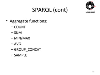 SPARQL (cont)
• Aggregate functions:
– COUNT
– SUM
– MIN/MAX
– AVG
– GROUP_CONCAT
– SAMPLE
32
 