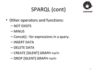 SPARQL (cont)
• Other operators and functions:
– NOT EXISTS
– MINUS
– Concat() : for expressions in a query.
– INSERT DATA
– DELETE DATA
– CREATE [SILENT] GRAPH <uri>
– DROP [SILENT] GRAPH <uri>
33
 