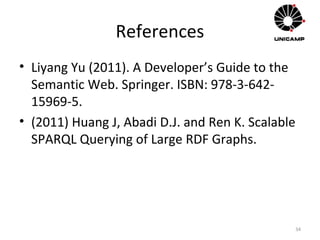 References
• Liyang Yu (2011). A Developer’s Guide to the
Semantic Web. Springer. ISBN: 978-3-642-
15969-5.
• (2011) Huang J, Abadi D.J. and Ren K. Scalable
SPARQL Querying of Large RDF Graphs.
34
 