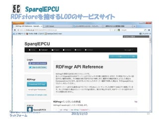 SparqlEPCU
RDFstoreを擁するLODのサービスサイト
SparqlEPCU/LOD開発プ
ラットフォーム
2015/11/13 13
 