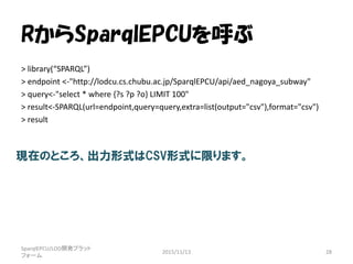 RからSparqlEPCUを呼ぶ
> library(“SPARQL”)
> endpoint <-"http://lodcu.cs.chubu.ac.jp/SparqlEPCU/api/aed_nagoya_subway"
> query<-"select * where {?s ?p ?o} LIMIT 100"
> result<-SPARQL(url=endpoint,query=query,extra=list(output="csv"),format="csv")
> result
SparqlEPCU/LOD開発プラット
フォーム
2015/11/13 28
現在のところ、出力形式はCSV形式に限ります。
 