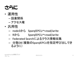さらに
• 運用性
– 語彙関係
– アクセス権
• 汎用性
– node3から SparqlEPCUへread/write
– Rから SparqlEPCUへread/write
– Federated Searchによるクラス情報収集
– 分散DB（複数のSparqlEPCUを指定呼び出しでき
るように）
SparqlEPCU/LOD開発プラット
フォーム
2015/11/13 8
 