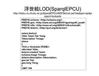 浮世絵LOD(SparqlEPCU)
http://lodcu.cs.chubu.ac.jp/SparqlEPCU/RDFServer.jsp?reqtype=api&p
roject=toukaido
PREFIX schema: <http://schema.org/>
PREFIX geo: <http://www.w3.org/2003/01/geo/wgs84_pos#>
PREFIX rdfs: <http://www.w3.org/2000/01/rdf-schema#>
PREFIX dcterm: <http://purl.org/dc/terms/>
select distinct
?title ?start ?lat ?long
?description ?image
where
{
?link a <toukaido:浮世絵
浮世絵>;
浮世絵
rdfs:label ?title;
dcterm:created ?start;
schema:image ?image;
dcterm:description ?description;
geo:lat ?lat;
geo:long ?long.
}
LIMIT 100

 