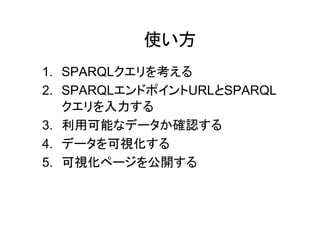 使い方
1. SPARQLクエリを作成する
2. SPARQLエンドポイントURLとSPARQL
クエリを入力する
3. 利用可能なデータか確認する
4. データを可視化する
5. 可視化ページを公開する

 