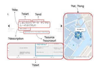 ?lat, ?long
?title
?start

?end

?source
?sourceurl

?description

?start

 
