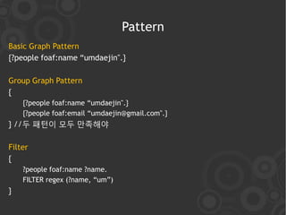 Pattern
Basic Graph Pattern
{?people foaf:name “umdaejin".}

Group Graph Pattern
{
    {?people foaf:name “umdaejin".}
    {?people foaf:email “umdaejin@gmail.com".}
} //두 패턴이 모두 만족해야

Filter
{
    ?people foaf:name ?name.
    FILTER regex (?name, “um”)
}
 