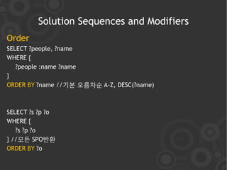 Solution Sequences and Modifiers
Order
SELECT ?people, ?name
WHERE {
   ?people :name ?name
}
ORDER BY ?name //기본 오름차순 A-Z, DESC(?name)



SELECT ?s ?p ?o
WHERE {
   ?s ?p ?o
} //모든 SPO반환
ORDER BY ?o
 