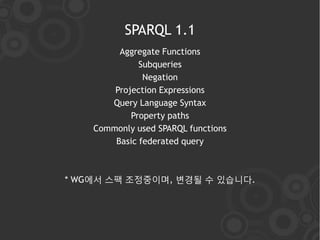 SPARQL 1.1
         Aggregate Functions
              Subqueries
               Negation
        Projection Expressions
       Query Language Syntax
            Property paths
    Commonly used SPARQL functions
        Basic federated query



* WG에서 스팩 조정중이며, 변경될 수 있습니다.
 