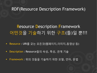 RDF(Resource Description Framework)



    Resource Description Framework
  어떤것을 기술하기 위한 구조(틀)일 뿐!!!

 Resource : URI를 갖는 모든것(웹페이지,이미지,동영상 등)

 Description : Resource들의 속성, 특성, 관계 기술

 Framework : 위의 것들을 기술하기 위한 모델, 언어, 문법
 