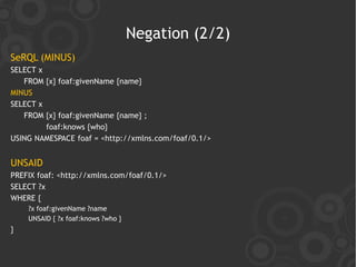 Negation (2/2)
SeRQL (MINUS)
SELECT x
   FROM {x} foaf:givenName {name}
MINUS
SELECT x
   FROM {x} foaf:givenName {name} ;
         foaf:knows {who}
USING NAMESPACE foaf = <http://xmlns.com/foaf/0.1/>


UNSAID
PREFIX foaf: <http://xmlns.com/foaf/0.1/>
SELECT ?x
WHERE {
    ?x foaf:givenName ?name
    UNSAID { ?x foaf:knows ?who }
}
 