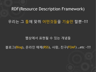 RDF(Resource Description Framework)

 우리는 그 틀에 맞취 어떤것들을 기술만 할뿐~!!!



          웹상에서 표현될 수 있는 개념들

블로그(Blog), 온라인 매체(RSS), 사람, 친구(FOAF) …etc ~!!!
 