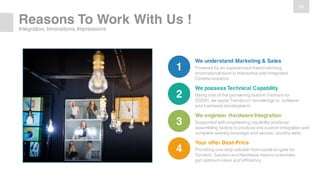 20
Reasons To Work With Us !
Title Goes here
There are many variations of
the me
30%
We understand Marketing & Sales
Powered by an experiencedAward-winning
International team in Interactive and Integrated
Communications
1
We possess Technical Capability
Being one of the pioneeringteam in Vietnam for
DOOH, we apply ”hands-on” knowledge to, software
and hardware development
2
We engineer Hardware Integration
Supported with engineering capability andlocal
assembling factory to produce any custom integrationand
complete warraty coverage and service, country-wide
3
Your offer Best-Price
Providing one-stop solution from cardle-to-gate for
Content, SolutionandHardware means customers
get optimum value and efficiency
4
Integration,Innovations,Impressions
 