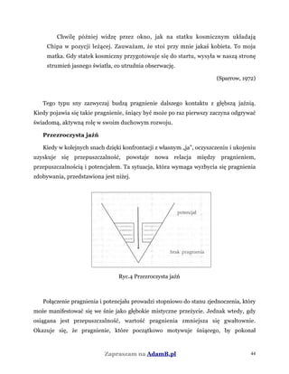 Chwilę później widzę przez okno, jak na statku kosmicznym układają
Chipa w pozycji leżącej. Zauważam, że stoi przy mnie jakaś kobieta. To moja
matka. Gdy statek kosmiczny przygotowuje się do startu, wysyła w naszą stronę
strumień jasnego światła, co utrudnia obserwację.
(Sparrow, 1972)
Tego typu sny zazwyczaj budzą pragnienie dalszego kontaktu z głębszą jaźnią.
Kiedy pojawia się takie pragnienie, śniący być może po raz pierwszy zaczyna odgrywać
świadomą, aktywną rolę w swoim duchowym rozwoju.
Przezroczysta jaźń
Kiedy w kolejnych snach dzięki konfrontacji z własnym „ja”, oczyszczeniu i ukojeniu
uzyskuje się przepuszczalność, powstaje nowa relacja między pragnieniem,
przepuszczalnością i potencjałem. Ta sytuacja, która wymaga wyzbycia się pragnienia
zdobywania, przedstawiona jest niżej.
Ryc.4 Przezroczysta jaźń
Połączenie pragnienia i potencjału prowadzi stopniowo do stanu zjednoczenia, który
może manifestować się we śnie jako głębokie mistyczne przeżycie. Jednak wtedy, gdy
osiągana jest przepuszczalność, wartość pragnienia zmniejsza się gwałtownie.
Okazuje się, że pragnienie, które początkowo motywuje śniącego, by pokonał
Zapraszam na AdamB.pl 44
 