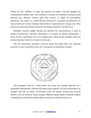 relację we śnie. Możliwe, że obraz ojca pojawia się często z powodu jakiegoś nie
rozwiązanego konfliktu, jaki z nim mieliśmy, a którego nie umieliśmy rozwiązać przed
śmiercią ojca. Możemy również zdać sobie sprawę, że nigdy nie potrafiliśmy
przebaczyć mu czegoś, co zrobił. Możemy postanowić, że postawa przebaczania we
śnie pozwoli nam wyrazić duchowy ideał miłości w odniesieniu do naszego ojca. Więc
postawa przebaczania stanie się naszym mentalnym ideałem w tej sferze snu.
Następnie musimy podjąć decyzję, jak okażemy lub wprowadzimy w życie tę
postawę przebaczania. Możemy zdecydować, że musimy po prostu porozmawiać z
ojcem we śnie i powiedzieć mu, że mu przebaczamy. Takie otwarte działanie stanie się
naszym fizycznym ideałem w relacji z tą sferą snu.
Gdy już ustanowimy mentalne i fizyczne ideały dla każdej sfery snu, diagram
powinien zostać uzupełniony tak, jak to pokazano na poniższym rysunku.
Gdy pracujemy twórczo w danej sferze snu, może ona przestać pojawiać się z
poprzednią regularnością. Zamiast niej mogą zacząć pojawiać się inne powtarzające się
sytuacje. Gdy tak się stanie, koniecznym może się okazać wyznaczenie nowych
ideałów, aby nie hamować swego postępu. (Głębszą analizę ideałów Czytelnik znajdzie
w Meditation and the Mind of Man Marka Thurstona i Herberta Puryear'a.)
Zapraszam na AdamB.pl 67
 