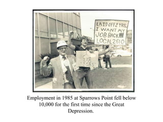 Employment in 1985 at Sparrows Point fell below
10,000 for the first time since the Great
Depression.
 