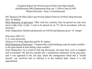 Complete Report On All Grievances Filed in the Open Hearth
And Bessemer (BO) Department from Jan. 1,1944 to June II,1945
Michael Howard—Zone 2 Committeeman
WC Dunston (30 266) Ladle Liner B (iron ladles) Filed on l/4/44,by Shop Steward
Edw. W, Bishop
Brief Statement of grievance: ''Men with less seniority have by-passed me and were
given Ladle Liner A jobs. I want to be placed on an "A" job in accordance with my
seniority,”
Final Disposition: Settled satisfactorily on 4/22/44 and Dunston given “A” rating*
Grievance #465-312
C.A. Lane electrician
Filed on 4/12/44 by Shop Steward M. W. Adams
Brief Statement of Grievance. "I request that cooled drinking water be made available
in the open hearth at least during warm weather."
Final Disposition: As a result of 2nd step discussion, all water lines were re-wrapped
and re-insulated. We did not consider this a satisfactory settlement of the grievance,
and it was appealed to the 3rd step, where the management stated that a "health
hazard" was involved and so referred it to the medical dept. where it is still
pigeonholed.
 