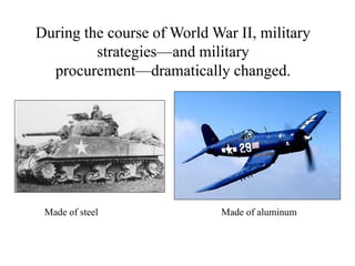 During the course of World War II, military
strategies—and military
procurement—dramatically changed.
Made of steel Made of aluminum
 