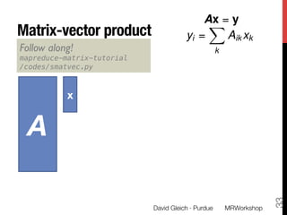 Matrix-vector product
David Gleich · Purdue 
33
Ax = y
yi =
X
k
Aik xk
A
x
Follow along! 