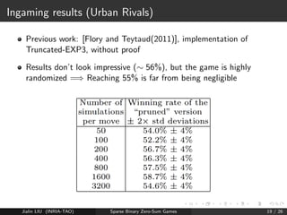 Why is this relevant ? 
Nash = solution of linear programming problem 
x: Nash Equilibrium of MKK 
Let us assume that x is unique and has at most k non-zero 
components (sparsity) 
) x = also NE of a k  k submatrix: Mk 
) x = solution of LP in dimension k 
) x = solution of k lin. eq. with coecients in f1; 0; 1g 
) x = inv-matrix  vector 
) x = obtained by cofactors / det matrix 
x k 
) has denominator at most k 
2 
0k 
Jialin LIU (INRIA-TAO) Sparse Binary Zero-Sum Games 14 / 26 
 