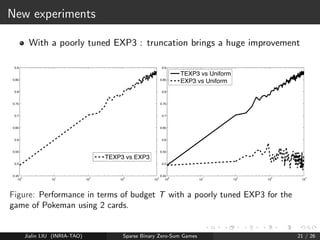 Evil in the details 
jjy  yjj1   does not imply V(y)  V(y) + ; 
indeed V(y)  V(y) + jjyyjj1 
k 
k 
2 
Results : (if Grigoriadis) 
For a K  K matrix with Nash k-sparse 
Exact solution in time O(poly (k) + (K log K)k3k ) with 
truncation-algorithm 
Jialin LIU (INRIA-TAO) Sparse Binary Zero-Sum Games 16 / 26 
 